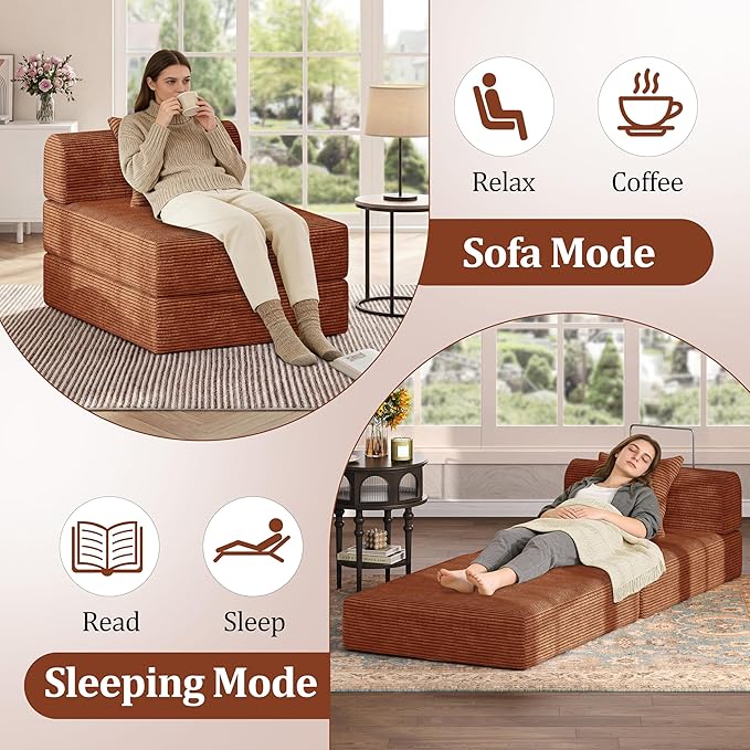 HouseMila Sofa Bed Couch,Convertible Boneless Couch Compressed Chair Comfy Boneless Chair Floor Lounge Chair with Pillow,No Assembly Folding Sofa Beds for Living Room Bedroom Guest Room(Single,Orange
