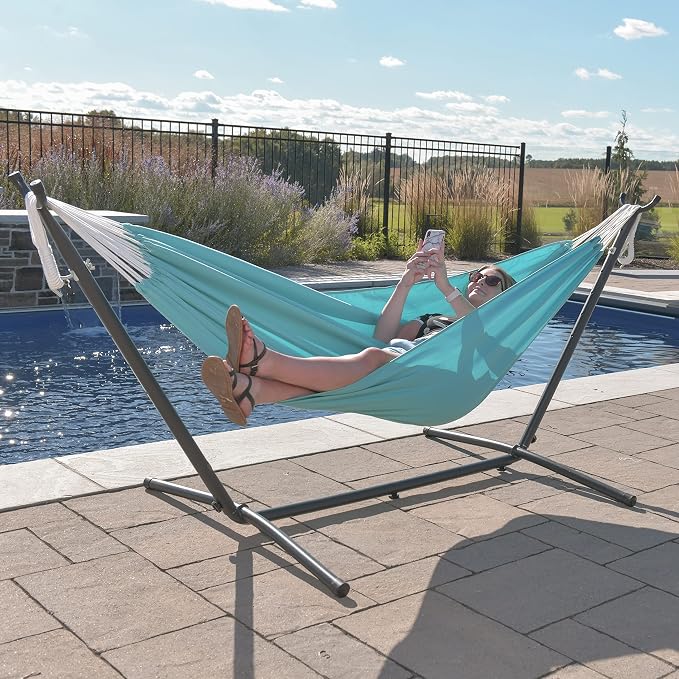 Vivere Double Sunbrella Hammock, Weather-Ready Outdoor Lounger with Space-Saving Steel Stand and Carry Bag, 450 Lb Capacity, 9 Foot, Aruba - Image 3
