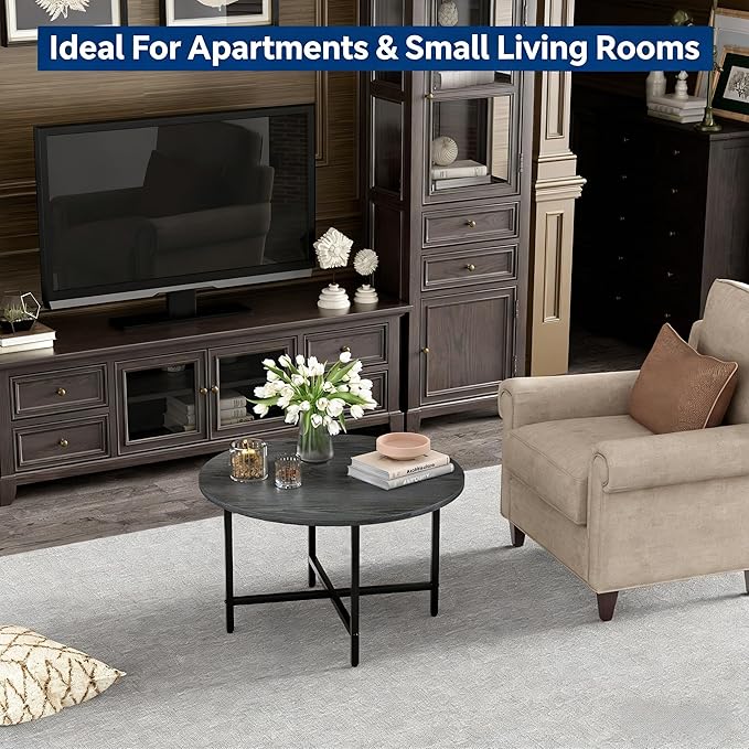 Round Coffee Table, 23.6" Small Coffee Tables for Living Room, Circle Coffee Table with Metal Frame, Floor Table Desk for Sitting on The Floor, Home, Office, Grey