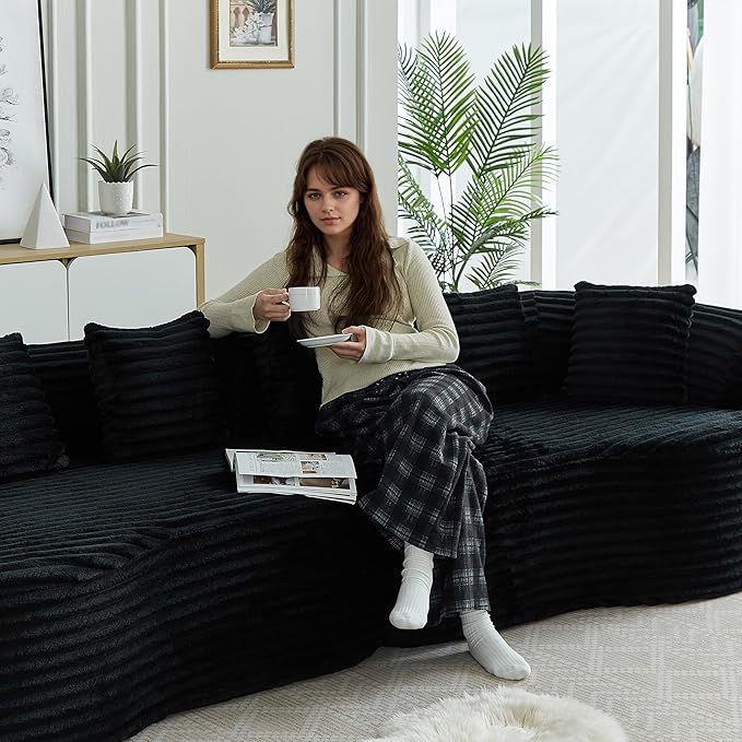 106-Inch Curved Boneless Sofa Couches Compressed 4-Seat Foam Couch for Living Room Bedroom, Boneless Modular Cloud Sofa Curved Floor Couch with 6 Pillows, No Assembly