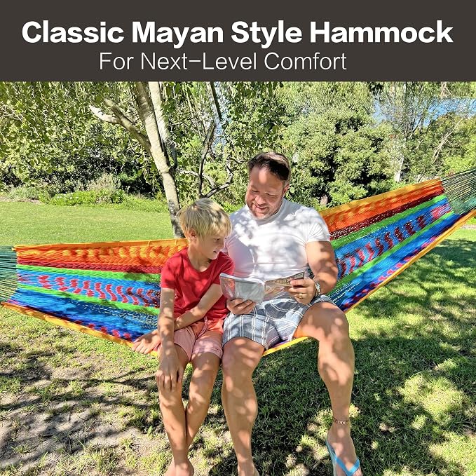 CHULIM Handwoven Mayan Hammock with 10ft Tree Straps, 550lbs Capacity Soft Rope Double Hammock, Portable Outdoor Hammock with Carry Bag for Camping Backyard Beach - Coffee - Image 2