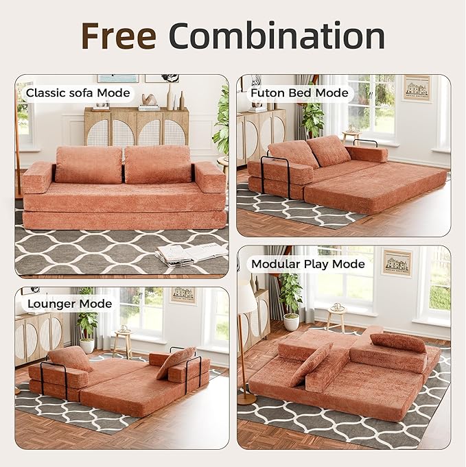 Convertible Sofa Bed, 4-in-1 DIY Combination Modular Couch with Pillows, Comfy Boneless Sleeper Sofa Bed with Fixed-Shape Frame, Chenille Convertible Lounge Couch for Living Room, Orange