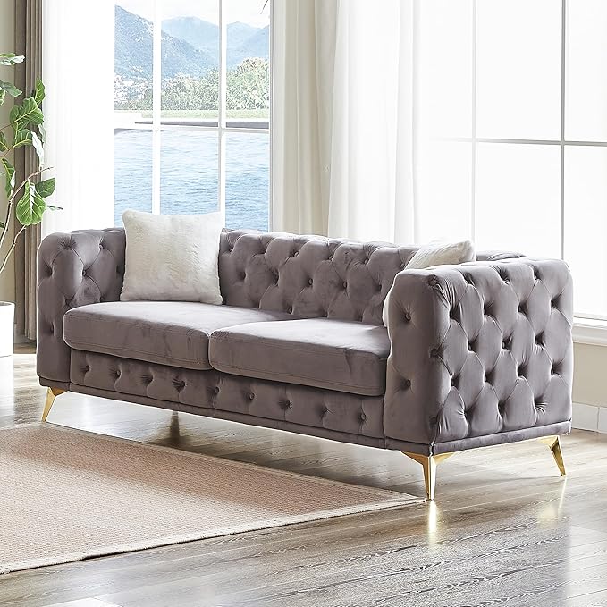 KEIKI 83" Luxury Oversized Velvet Chesterfield Sofa with 2 Pillows, Mid-Century Style 3-Seater Tufted Buttons Couch with High-Density Foam Cushions, Easy Assembly, for Apartment, Living Room, Grey