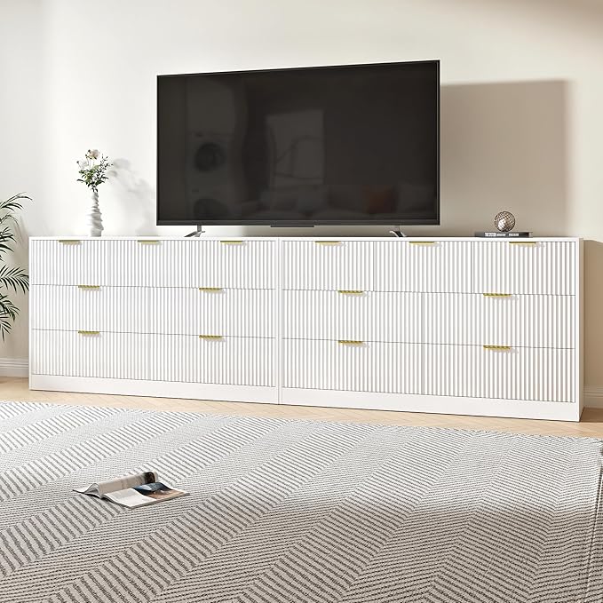 White Dresser Set of 2, Long Dresser for Bedroom Wooden with 14 Drawers, Fluted Modern Bedroom Furniture Set, TV Stand Dressers & Chests of Drawers for Closet (15.7"D x 110.2"W x 31.8"H)