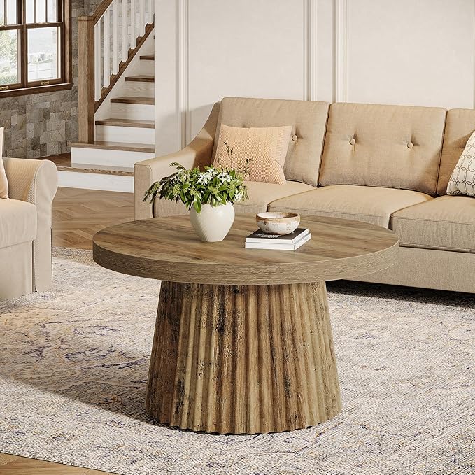 Tribesigns Coffee Table, 31.5" Small Farmhouse Round Coffee Tables with Fluted Drum Base, Mid Century Modern Boho Accent Center Table for Living Room, Apartment, Small Space, Brown