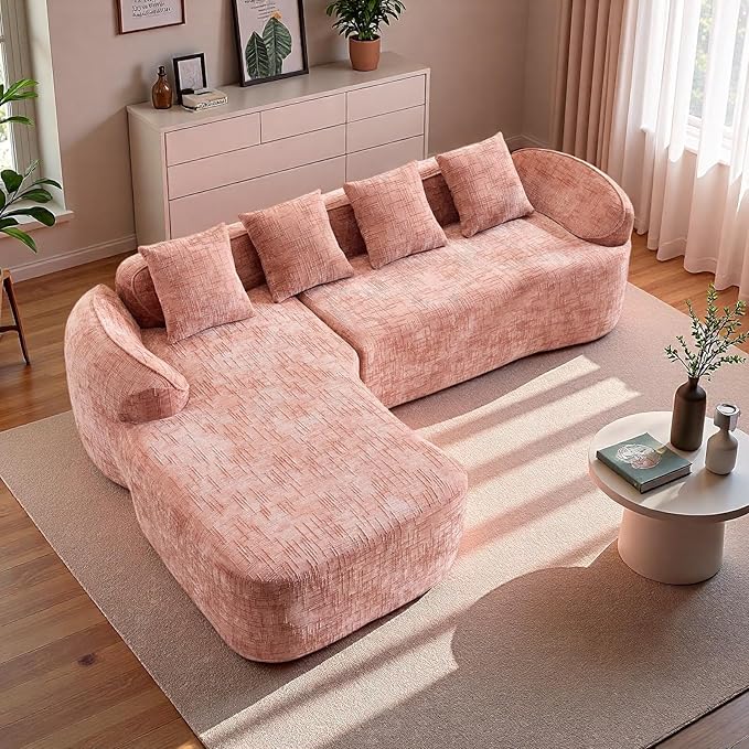 L Shaped Compression Sofa, Modular Couch with Curved Armrests & 4 Coordinating Pillows, Modern 101'' Chenille 4 Seater Sofa with Wide Seat for Living Room, Bedroom, No Assembly, Pink