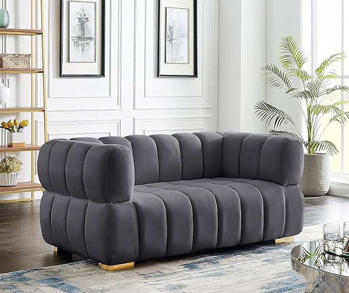 Meridian Furniture 670Grey-L Gwen Collection Modern | Contemporary Velvet Upholstered Loveseat with Deep Biscuit Tufting