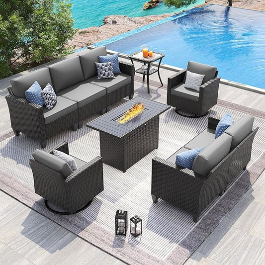 UDPATIO Patio Furniture Set with Fire Pit Table and Swivel Rocking Chairs, 6 Pieces Outdoor Wicker Furniture Set with Waterproof Cover, 4'' Thickened Cushion, Grey