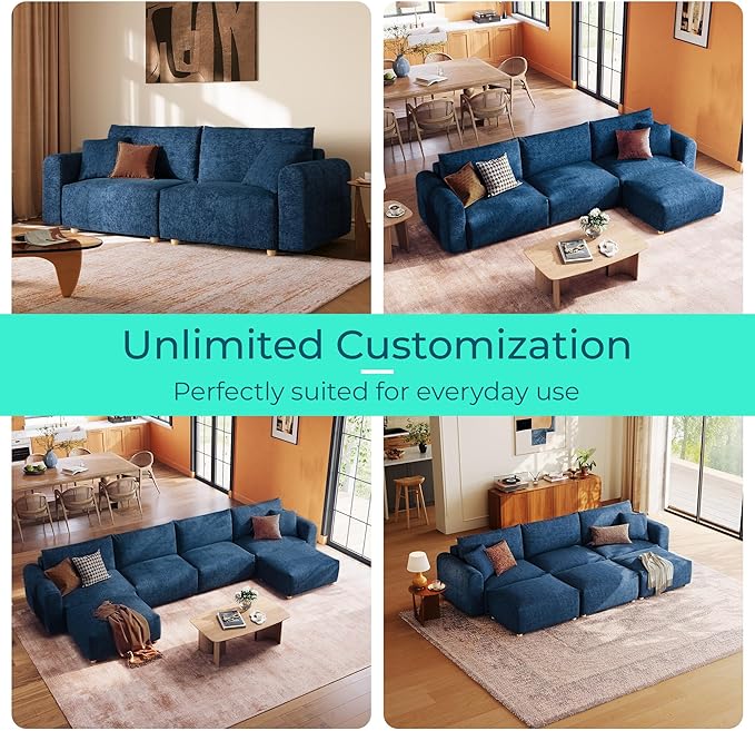 LINSY HOME Cloud Couch Sectional, Modular Sofa Sectionals for Living Room Bedroom, 91" 2 Seater Love Seat Couch with Ottoman, Deep Seat Cozy Couch Luxury Chenille Sofas, Blue