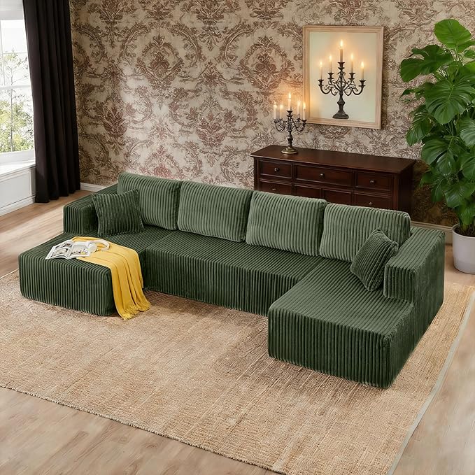 132.48" U-Shaped Sectional Couch, 4-Seat Frameless Modular Sofa with Oversized Chaise, Big Comfy Cloud Couch Set in Soft Corduroy, No-Assembly Boneless Sofas for Living Room, Compressed, Green