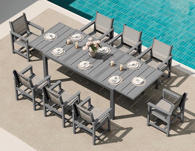 SERWALL 9-Piece Outdoor Dining Set, 60" - 83" Expandable Patio Dining Table with 8 Breathable Textilene Chairs, All Weather HDPE Patio Furniture Set, Grey by SERWALL