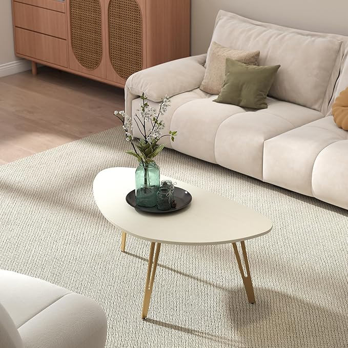 Manora Modern Simple White Wood Oval Coffee Table with Gold Legs, Minimalist Tea Table for Living Room, Office, Apartment or Small Space (White & Gold)