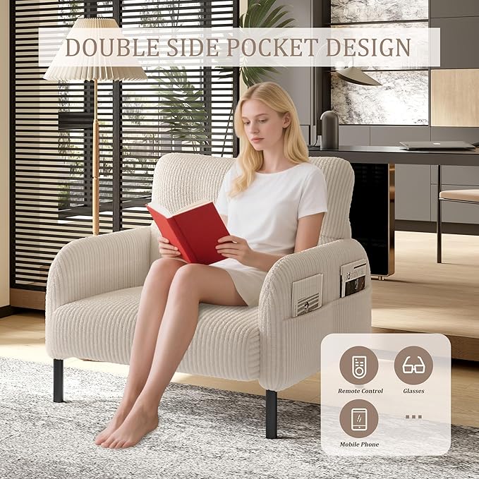 KEIKI 26" Corduroy Single Sofa Chair with Double Side Pockets & High Resilience Cushion, Modern Ergonomic Design Upholstery Oversized 1-Seater Accent Chair, Easy Assembly, for Living Room, Beige