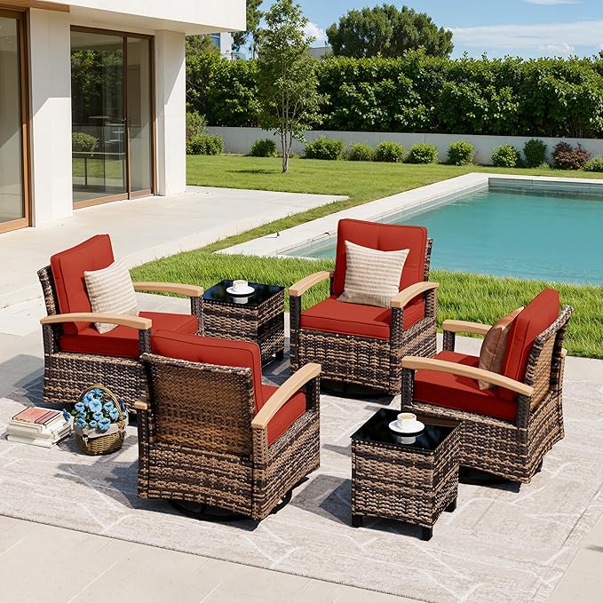 MEISSALIVVE 6 Pieces Patio Furniture Sets, Wicker Patio Conversation Sets with 4 Wood Armrests Swivel Glide Chairs，Outdoor Conversation Set for Deck Yard and Poolside (Red)