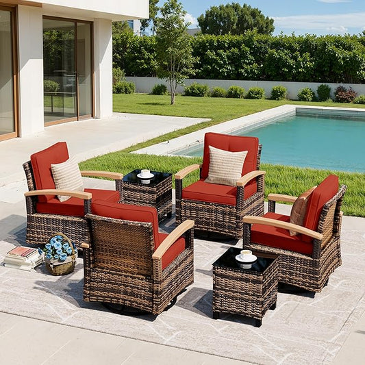 MEISSALIVVE 6 Pieces Patio Furniture Sets, Wicker Patio Conversation Sets with 4 Wood Armrests Swivel Glide Chairs，Outdoor Conversation Set for Deck Yard and Poolside (Red)