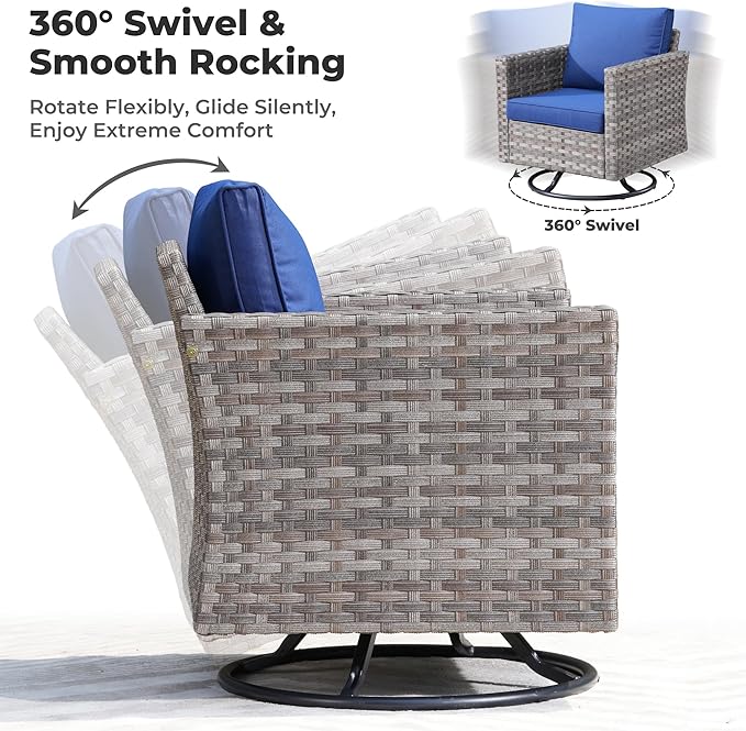 ovios 10 Pieces Patio Furniture Set, Outdoor Wicker Sectional Sofa with 54" Fire Pit Table Swivel Chairs, Modern Modular Deep Seat Rattan Couch Conversation Sets, Navy Blue