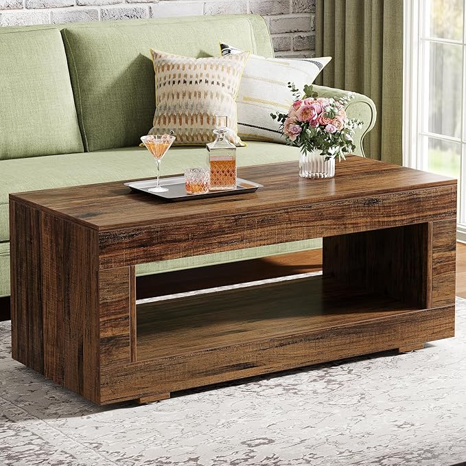 Tribesigns Wood Coffee Table for Living Room, 43.3" Modern Farmhouse Coffee Table with Storage, 2-Tier Rectangular Center Table Cocktail Living Room Table with Sturdy Base, Rustic Brown