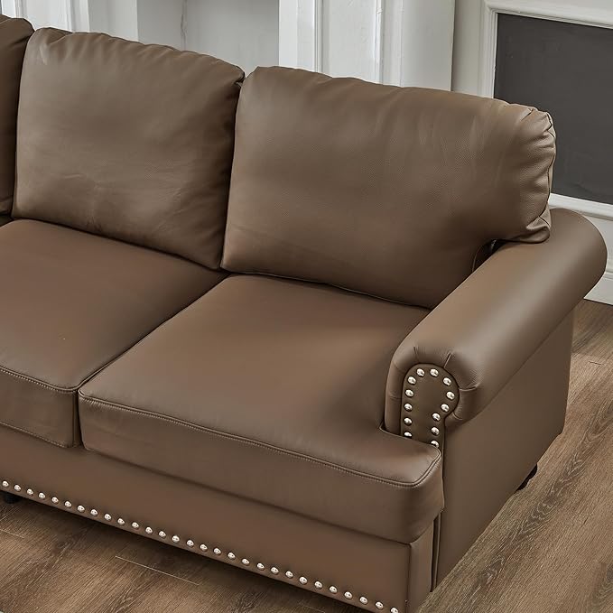 2 Pieses Living Room Sofa Sets Faux Leather Couch and Loveseat with Nailhead Decor, Soild Wood Legs, Rolled Armrests & Storage ,2PCS Sofas 3 Seaters Couch and Love Seat for Living Room Furniture Sets
