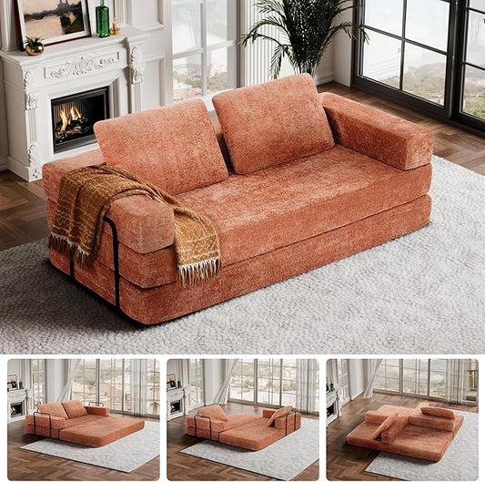 Convertible Sofa Bed, 4-in-1 DIY Combination Modular Couch with Pillows, Comfy Boneless Sleeper Sofa Bed with Fixed-Shape Frame, Chenille Convertible Lounge Couch for Living Room, Orange