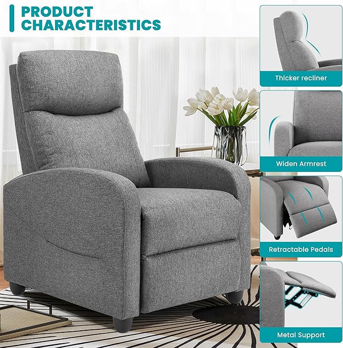 Sweetcrispy Recliner Chair Fabric Recliner Sofa No Massage, Home Theater Seating with Lumbar Support, Adjustable Push Back Overstuffed High-Density Sponge Reclining for Living Room, Grey