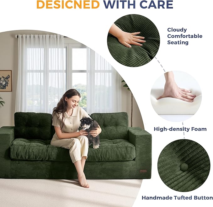 MAXYOYO Oversized Loveseat Sofa Couch, Upholstered Bean Bag Chair Cloud 3-Seat for Adults, Boneless Couch with Tufted Cushion & Pillows, Sofa in A Box, No Assembly Required, Dark Green