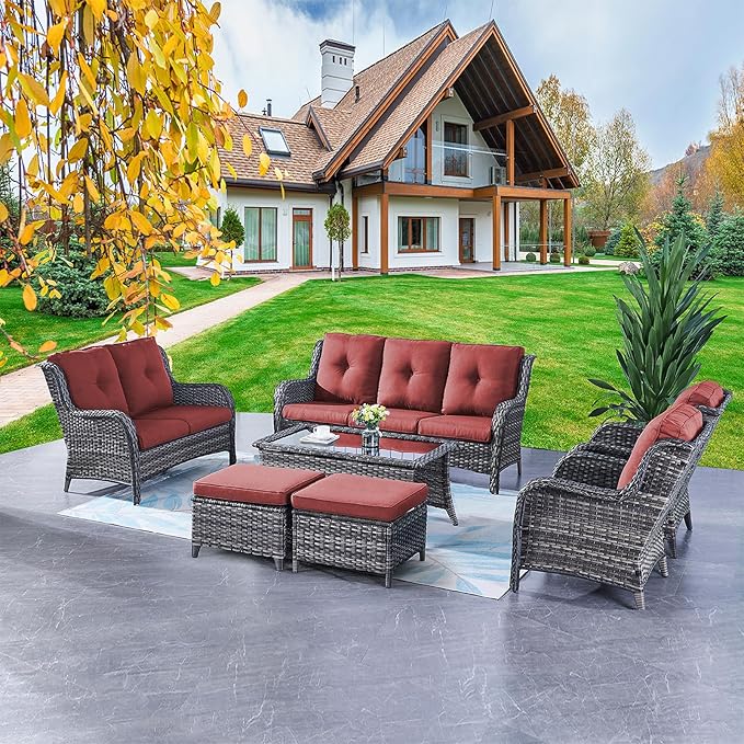 Rilyson Outdoor Patio Furniture Sofa Set - 7 PC Rattan Wicker Patio Sectional Conversation Sets with Sofa,Loveseat,Coffee Table,Armrest Chairs and Ottomans for Porch Deck Garden(Mixed Grey/Red)
