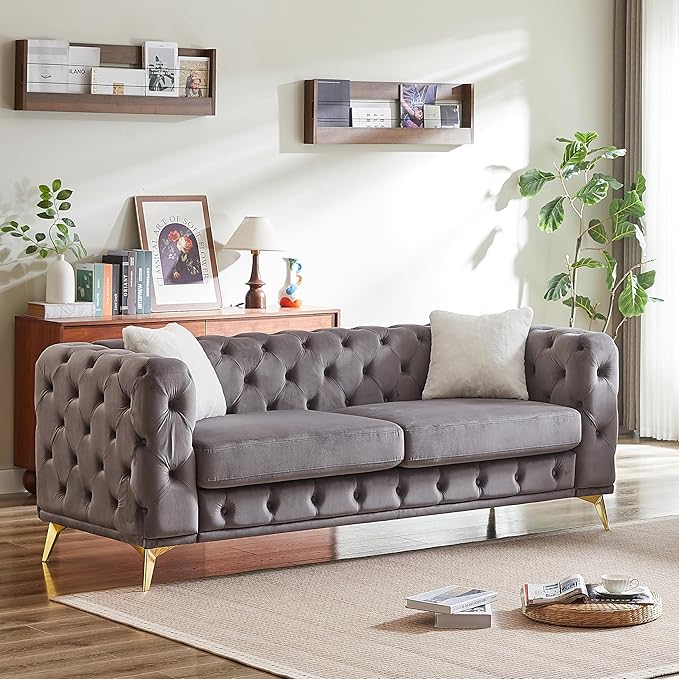 KEIKI 83" Luxury Oversized Velvet Chesterfield Sofa with 2 Pillows, Mid-Century Style 3-Seater Tufted Buttons Couch with High-Density Foam Cushions, Easy Assembly, for Apartment, Living Room, Grey