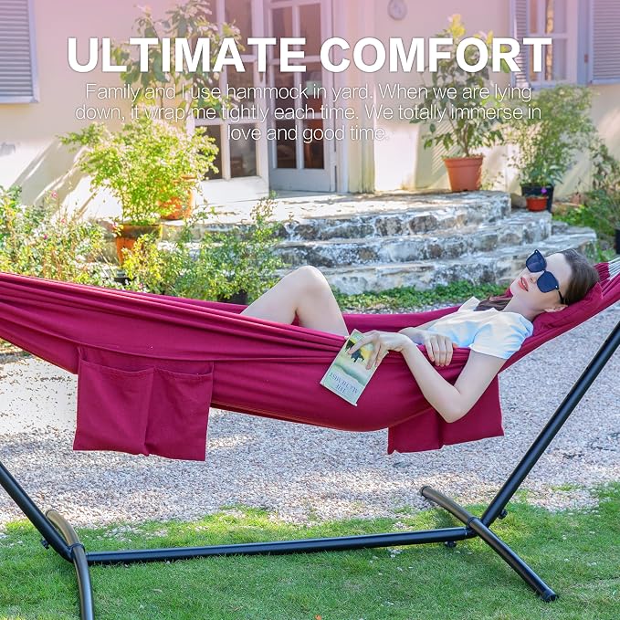 PNAEUT Double Hammocks with Stand for Outside, Portable Space Saving Heavy-Duty Steel Stand for Indoor Outdoor Patio with Carrying Bag, 450 lbs Capacity (Cherry) - Image 3
