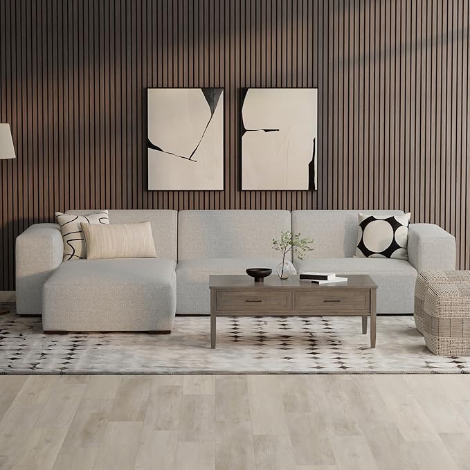 SIMPLIHOME Rex Left Chaise Sofa Module in 100% Recycled Polyester Tightly Woven Performance Fabric, Pale Grey, 44-inches W x 69.5-inches D, Handcrafted Modern-Style Left-Arm Chaise Lounge Chair