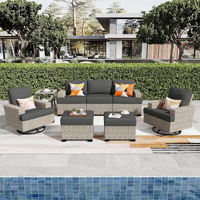 ovios 8 Piece Patio Sectional Furniture with Swivel Rocking Chairs, Rattan Wicker Coversation Set with Glowing Coffee Table, Outdoor Sofa Set for Outside Porch Balcony Backyard Pool,Black