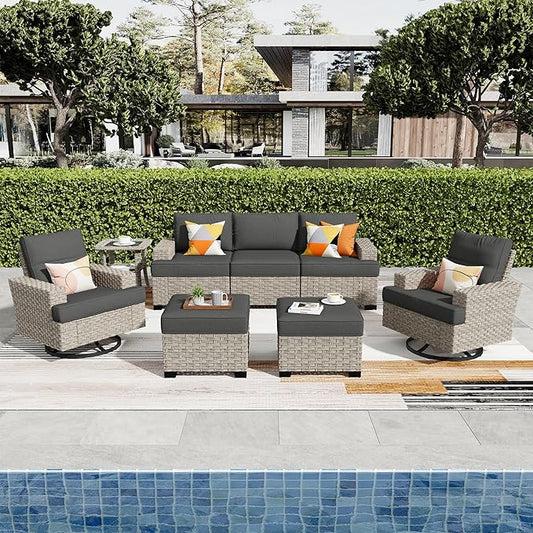 ovios 8 Piece Patio Sectional Furniture with Swivel Rocking Chairs, Rattan Wicker Coversation Set with Glowing Coffee Table, Outdoor Sofa Set for Outside Porch Balcony Backyard Pool,Black