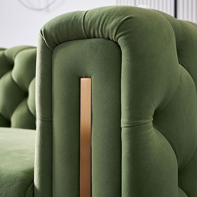 KEIKI 84" Chesterfield Velvet Tufted Button Sofa with Removable Cushions and 2 Toss Pillows, Modern 3-Seater Couch with 4 Gold Metal Leg, Easy Assembly, for Living Room, Bedroom, Apartment, Mint Green