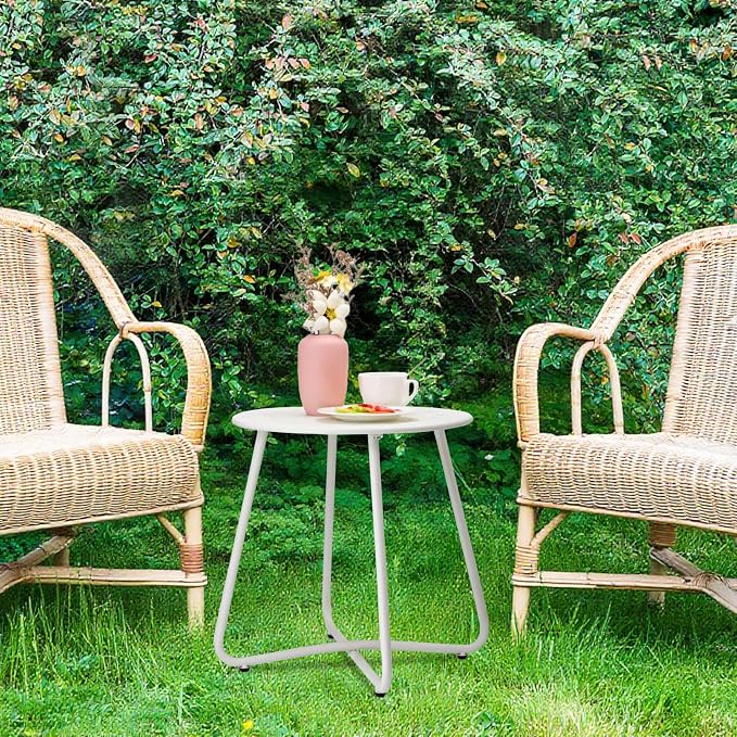 danpinera Outdoor Side Tables with Flower Cut Outs, Weather Resistant Steel Patio Side Table, Small Round Outdoor End Table Metal Side Table for Patio Yard Balcony Garden White - Image 7