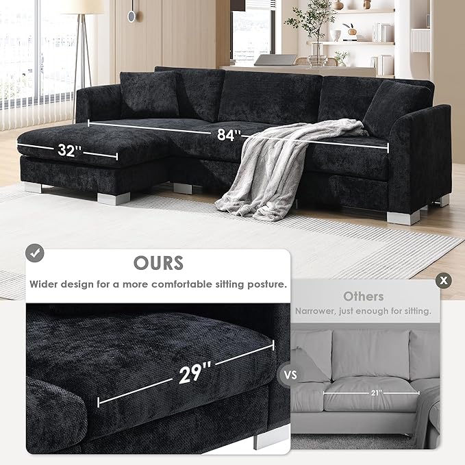 Deep Seat Oversized L Shaped Modular Sectional Sofa with Extra Wide Chaise, 4 Seater Cloud Lounge Sofa Corner Couch with Metal Legs and Detachable Cushions for Living Room Apartment, Chenille Fabric