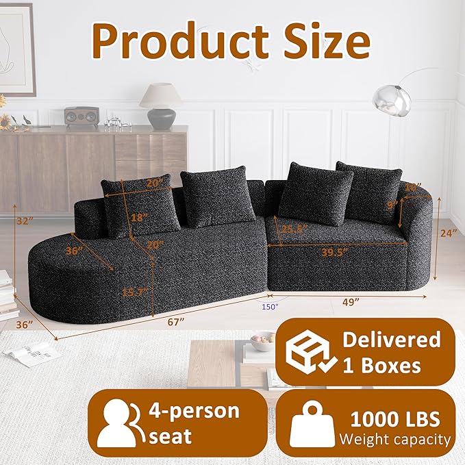 112" Modern Cloud Sectional Sofa, Chenille 4-Seater Curved Couch with 4 Pillows, Extra Deep & Wide Seat, No-Assembly Compressed Upholstered Living Room Sofa for Bedroom,Apartment,Black Right
