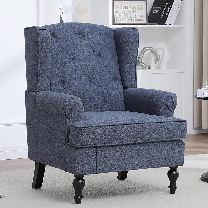 Accent Chair for Living Room, Mid Century Modern Upholstered Armchair, Wingback Chair with Tufted High Back and Solid Legs, Comfy Single Sofa Side Chairs for Bedroom, Blue