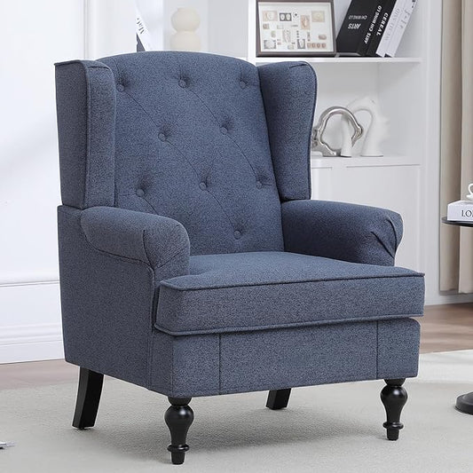 Accent Chair for Living Room, Mid Century Modern Upholstered Armchair, Wingback Chair with Tufted High Back and Solid Legs, Comfy Single Sofa Side Chairs for Bedroom, Blue