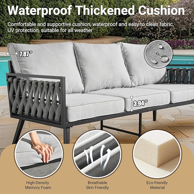 Weaxty Modern Patio Furniture Set 6 Piece, Rope Outdoor Patio Conversation Sets Sectional Sofa Swivel Chairs Table Ottoman, All Weather Metal Balcony Furniture for Backyard Garden, Light Grey