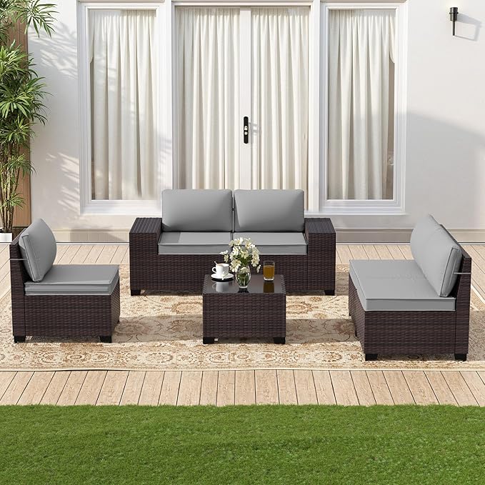 Gotland 6 Pieces Patio Furniture Set with 1 Coffee Table, 5 Seater Rattan Outdoor Sectional with Wide Armrests 29.5'' High Backrest Thick Waterproof Cushions, Conversation Sets for Deck Garden Gray