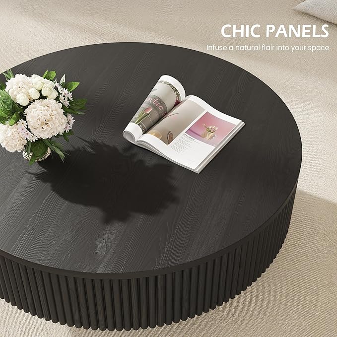 YOUDENOVA 35” Round Fluted Coffee Table, Modern Wood Circle Coffee Table, Veneer Handcrafted Relief Tea Table with Sturdy Pedestal for Living Room - Black