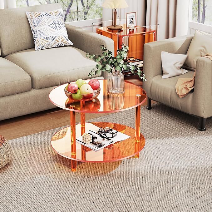 Acrylic Coffee Table, Small Round Modern Coffee Table for Living Room,23.6" D x 23.6" W x 16.5" H
