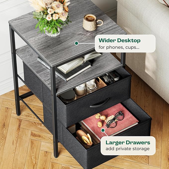 Huuger Night Stand with Charger Station, 27.7 Inch Tall Nightstand, Bed Side Table with 2 Fabric Drawers, Fabric Drawer Dresser for Bedroom, Living Room, Grey - Image 5