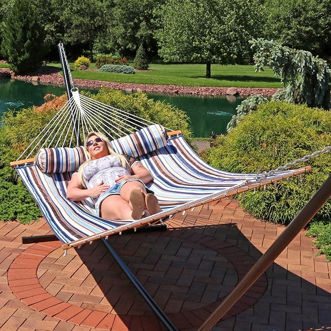 Sunnydaze Quilted Double Hammock for Outside with Spreader Bars and Pillow - 450 lb Capacity, 74x55 Inch Bed, UV Resistant, Quick Dry - Chains Included, Stand Sold Separately - Ocean Isle - Image 8