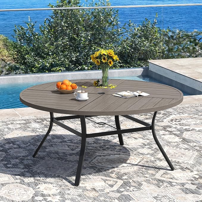 DIFY Patio Dining Set for 10, 11 Piece Outdoor Table and Chairs Set, 59.8" Grey Wood-Like Round Metal Patio Dining Table and 10 Grey Textilene Stackable Patio Chairs, for Backyard Garden Poolside - Image 2