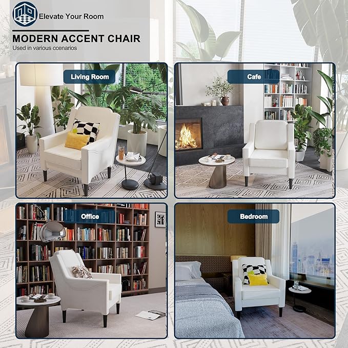Ribilake Cream Accent Chair - High Back Upholstered Armchair, Comfy Living Room Arm Chair, Reading Accent Chairs for Bedroom, Apartment, Office, Single Sofa with Wood Legs