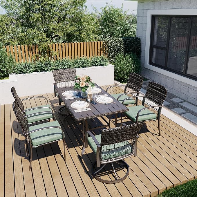 Pamapic 7 Piece Patio Dining Set for 6,Wicker Outdoor Furniture Set for Backyard Garden Deck Poolside with Iron Slats Table Top (Green, 7 PCS Swivel Chair & Fixed Chair) - Image 2