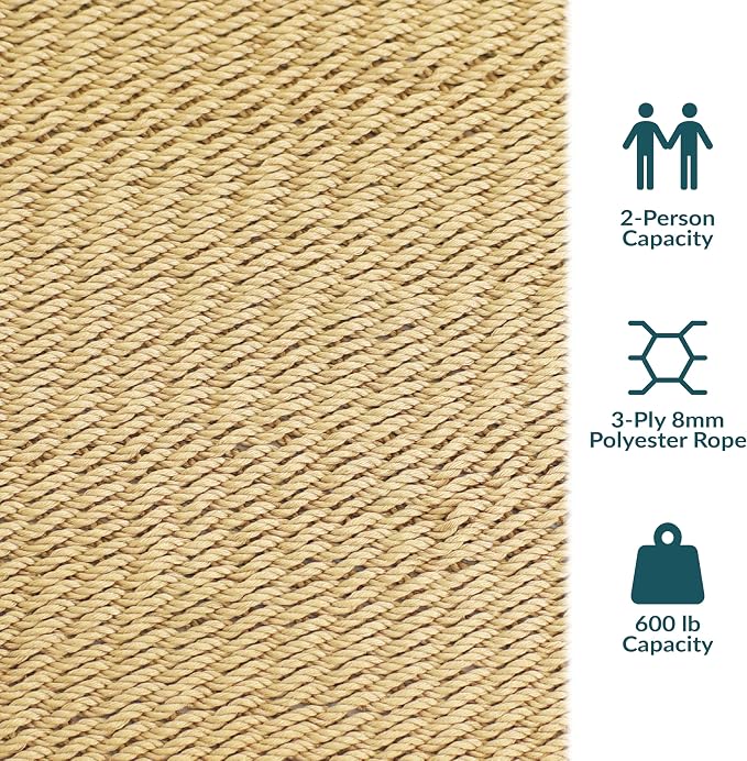 Sunnydaze Soft-Spun Polyester Rope Double Hammock for Outside - 600-Pound Weight Capacity Extra Large Hammock - Tan - Image 3