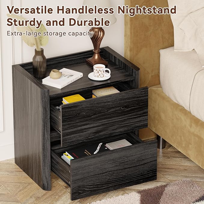 Nightstand with 2 Storage Drawer, Modern End Table for Bedroom with Cut-Out Handle, Large Night Stands for Bedroom, Home Office, Set of 2, Dark Grey - Image 3