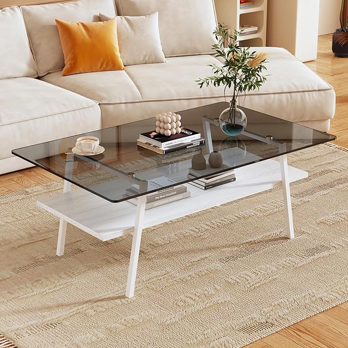 IANIYA Glass Coffee Table for Living Room Small Gold Mid Century Coffee Table for Living Room with Wood Shelves (White Frame, Gray Glass + White Wood)