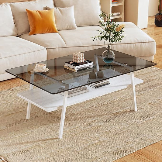 IANIYA Glass Coffee Table for Living Room Small Gold Mid Century Coffee Table for Living Room with Wood Shelves (White Frame, Gray Glass + White Wood)